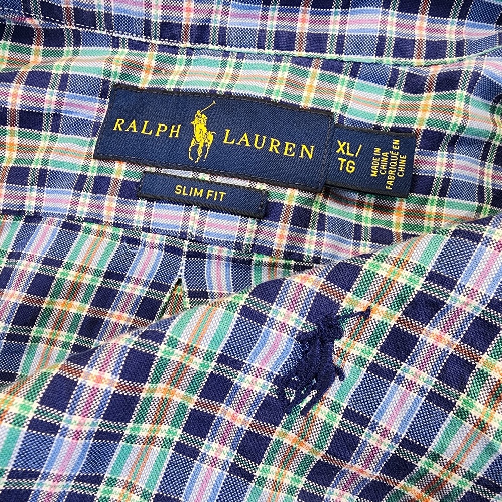 Ralph Lauren Mens XL‎ Blue Green Pink Slim Fit Plaid Long Sleeve Button Shirt